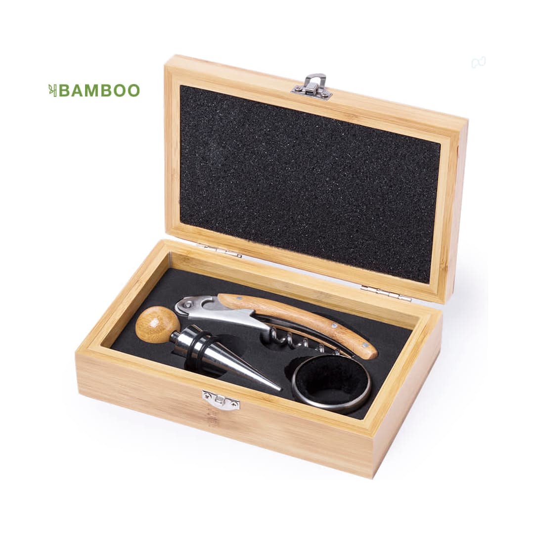 A bamboo wine set featuring a corkscrew, wine pourer, and ring, all housed in a wooden box. Nitol Wine Set - Image 1