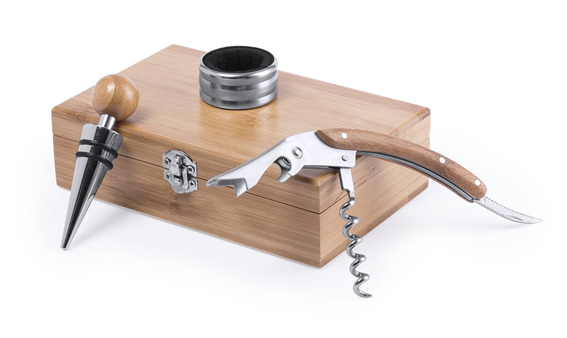 A wooden gift box containing a corkscrew, wine pourer, and stopper, featuring a bamboo finish and silver accents. Nitol - Image 1