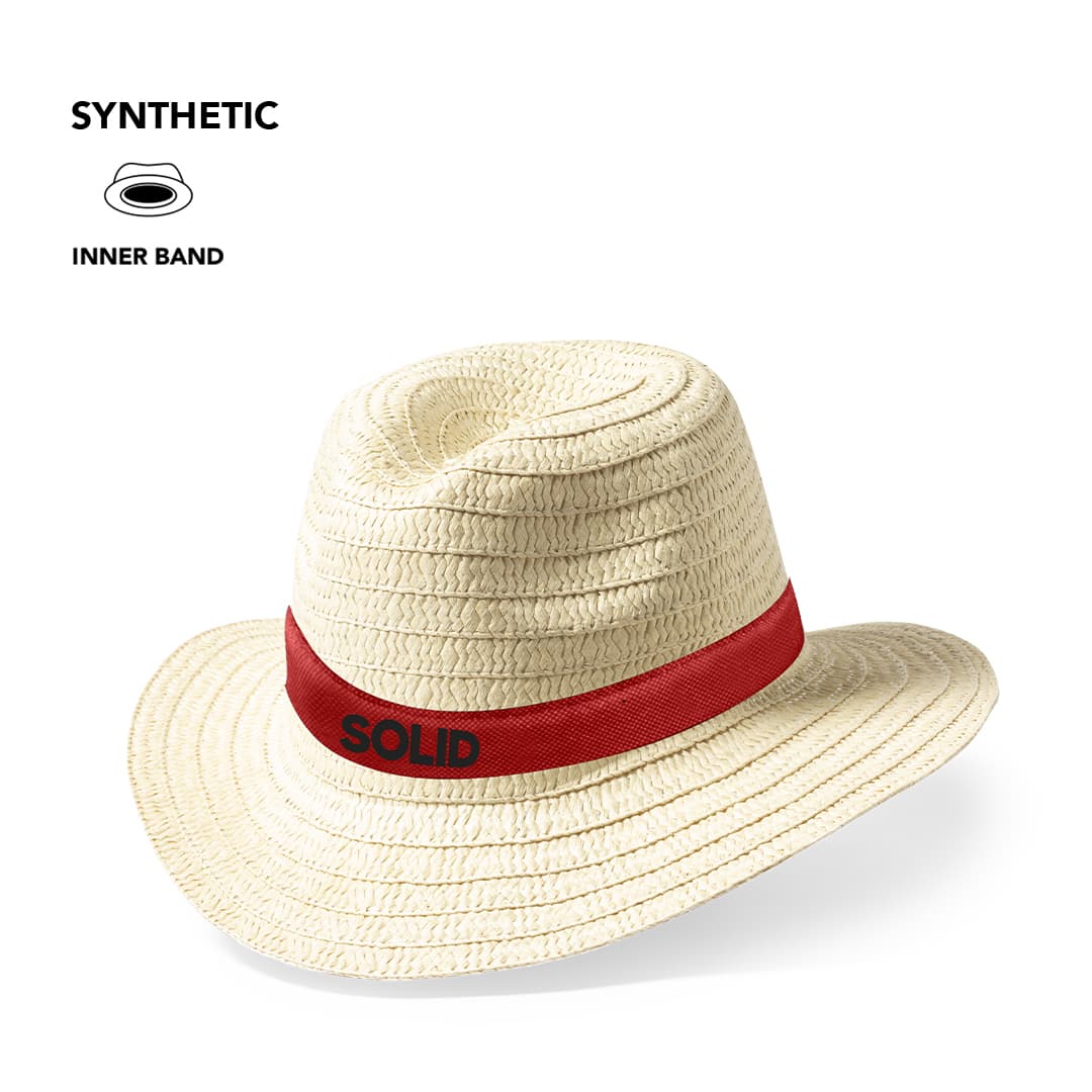 A straw hat in cream colour with a red band, featuring a logo on the band. Chizzer Hat - Image 1