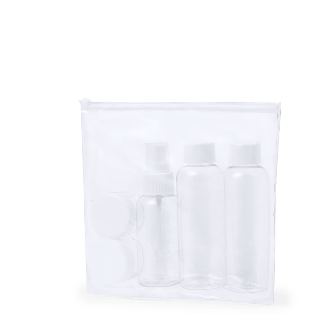 A clear toiletry bag featuring multiple empty containers and jars for travel. Ideal for cosmetics and liquids. Flaut Beauty Bag Travel - Image 1