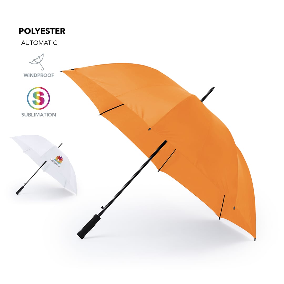 An orange umbrella with a black handle and a small white umbrella displayed alongside it. Both feature a branding logo. Panan Xl Umbrella - Image 1