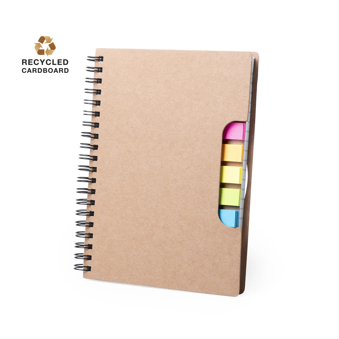A recycled cardboard notepad with a spiral binding and colourful sticky tabs on the side. Tiblan Sticky Notepad - Image 1