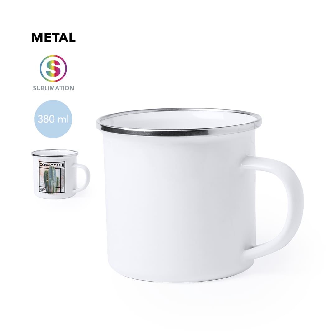 A metal sublimation mug in white with a silver rim, featuring a handle and a capacity of 380 ml. Neyms Sublimation Mug - Image 1