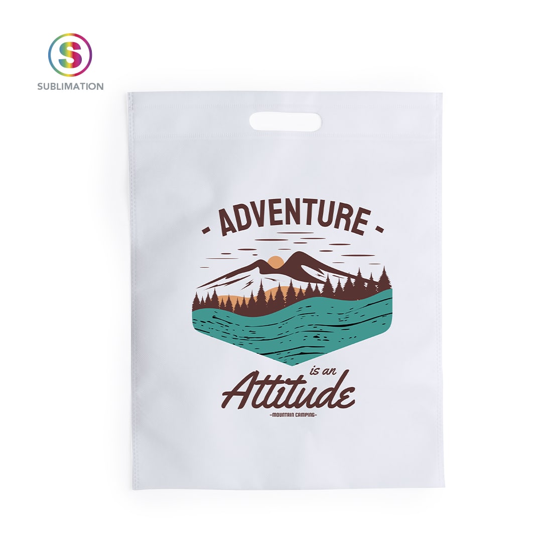 A white sublimation bag featuring a mountain and forest design in green and brown with a top handle. Wercal Sublimation Bag - Image 1