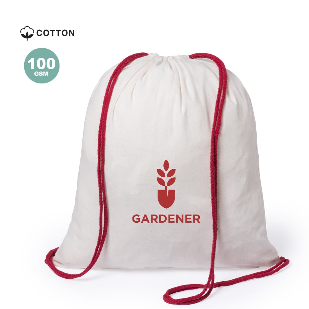 A cream drawstring bag with red cords and a logo featuring a plant design, labelled "GARDENER". Tianax Drawstring Bag - Image 1