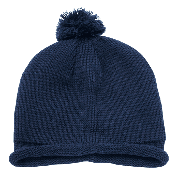 A navy blue knitted beanie with a pompom on top and a rolled brim. It features a logo on the side. Solid RollUp Beanies w/PomPom - Image 1