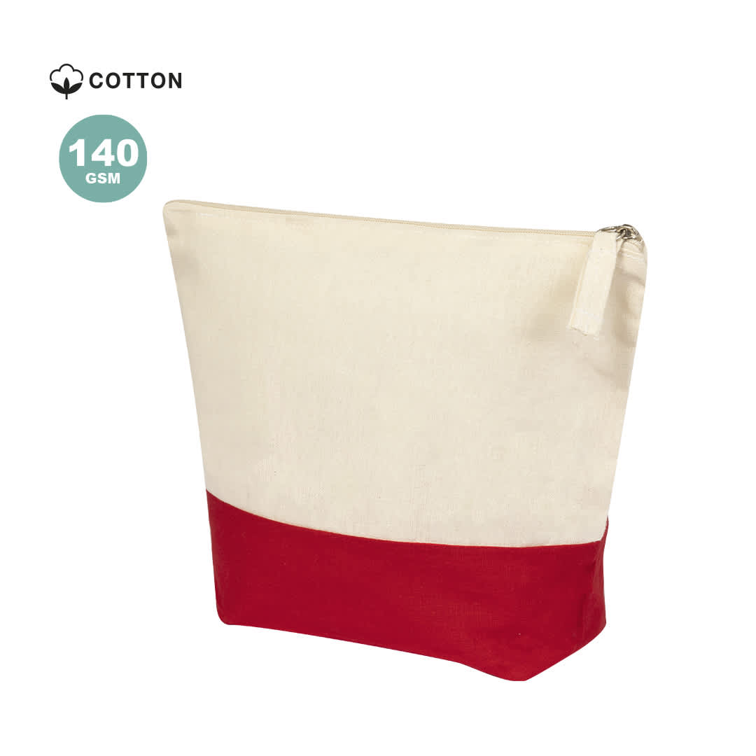 A toiletry bag in cream and red, featuring a zip closure and a logo. Made from cotton with a 140 GSM weight. Lendil Beauty Bag - Image 1