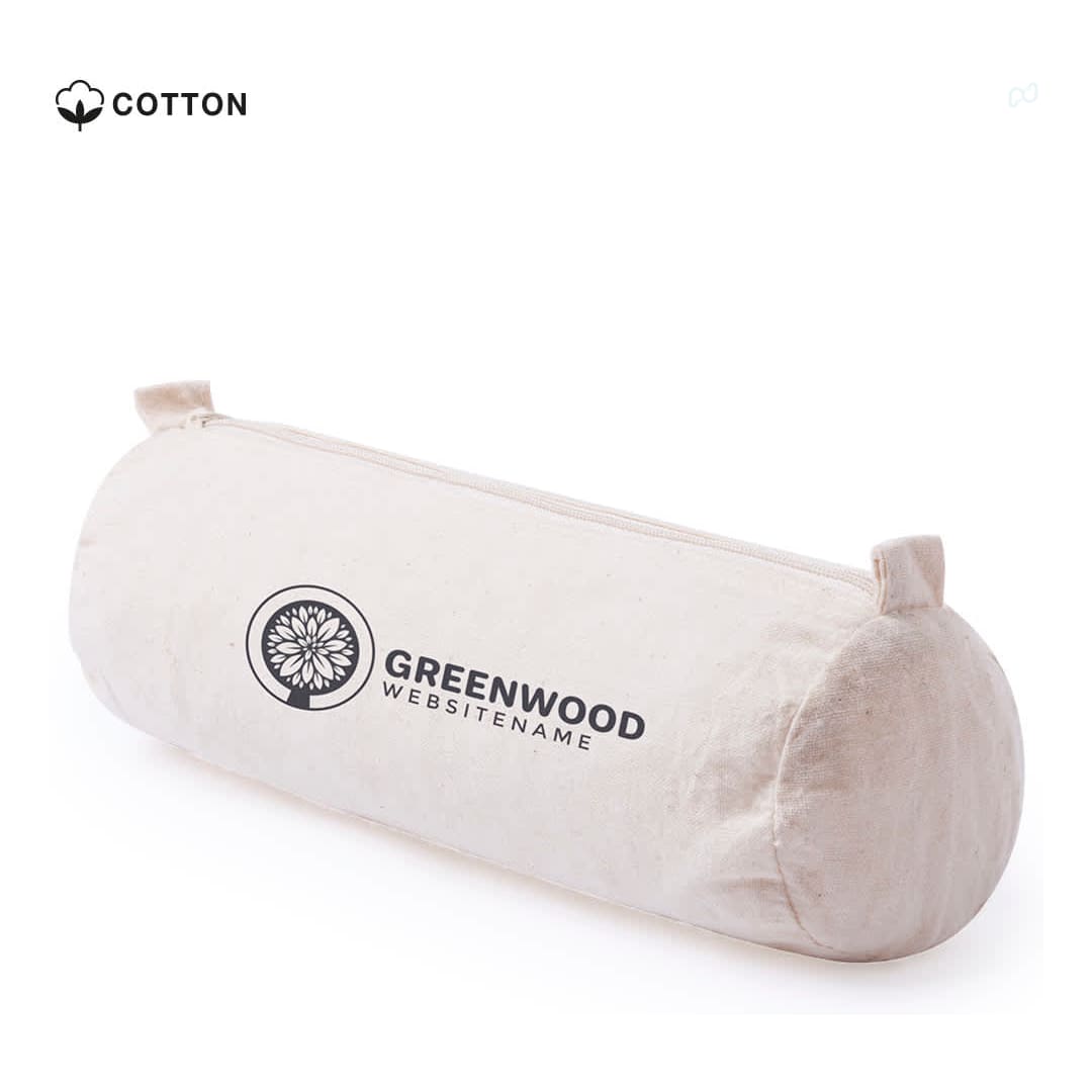 A cylindrical pencil case in cream cotton with a logo, featuring a zip closure at the top. Kinsy Pencil Case - Image 1