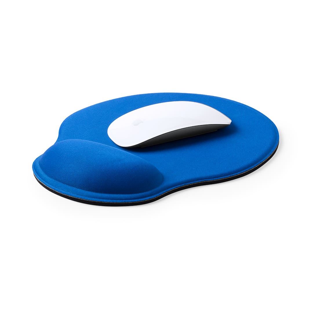 A blue mousepad featuring a wrist rest, with a white computer mouse positioned on it. Minet Mousepad - Image 1