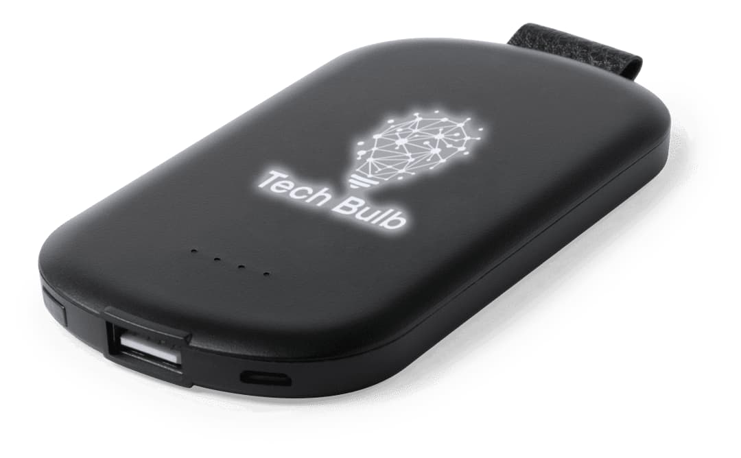 A black power bank with a light bulb design and a USB port for charging devices. Simmon Power Bank - Image 1