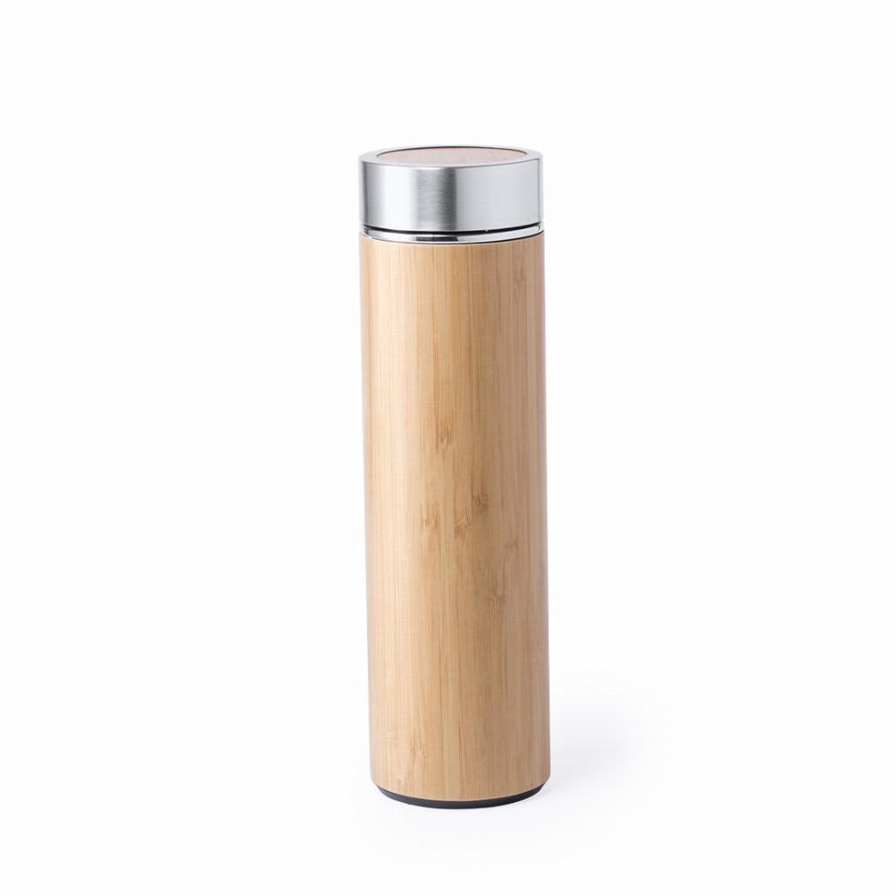 A drink bottle with a bamboo exterior and a silver top, featuring a sleek, cylindrical design. Moltex - Image 1