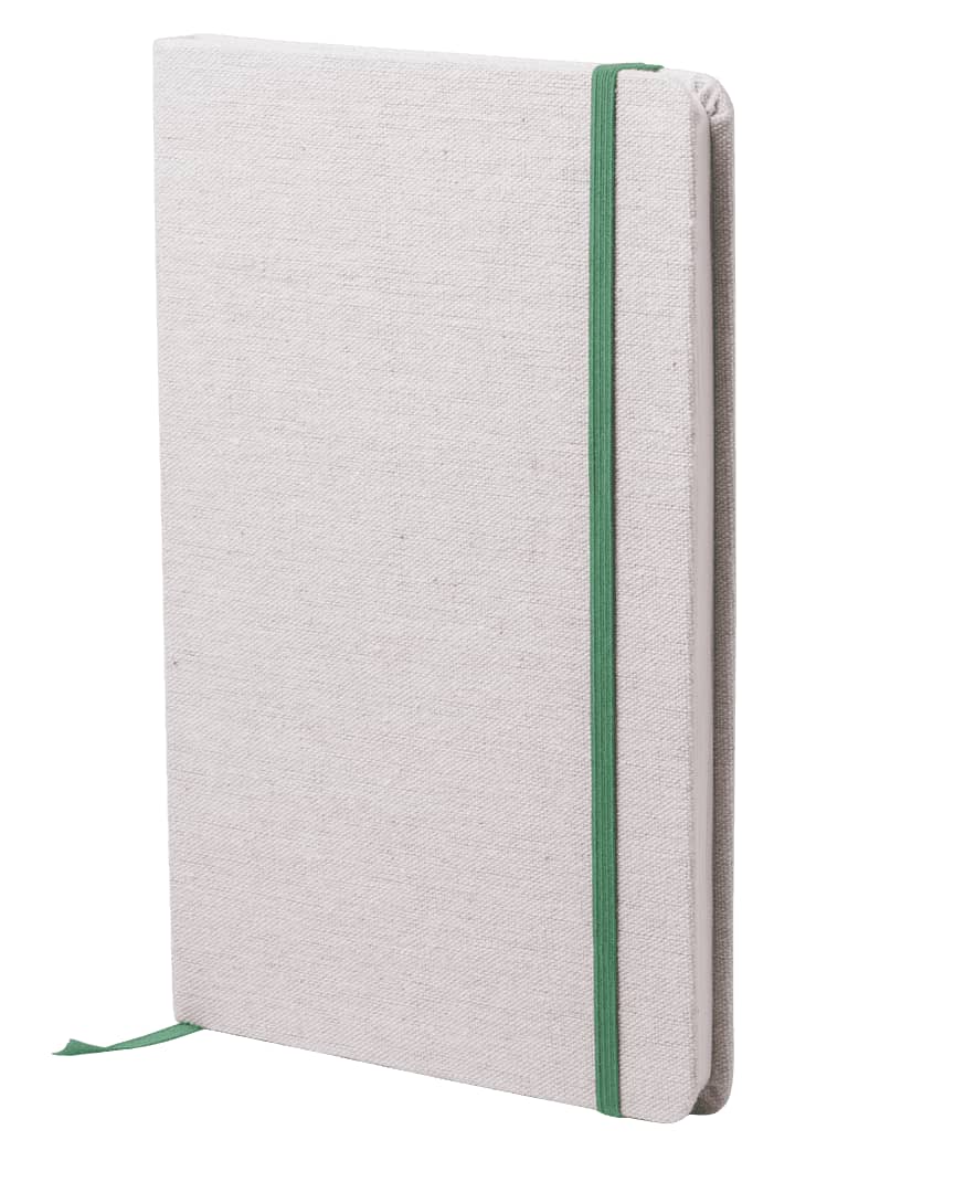 A notepad with a textured beige cover and a green elastic band closure. It has a matching ribbon marker and branding. Telmak Notepad - Image 1
