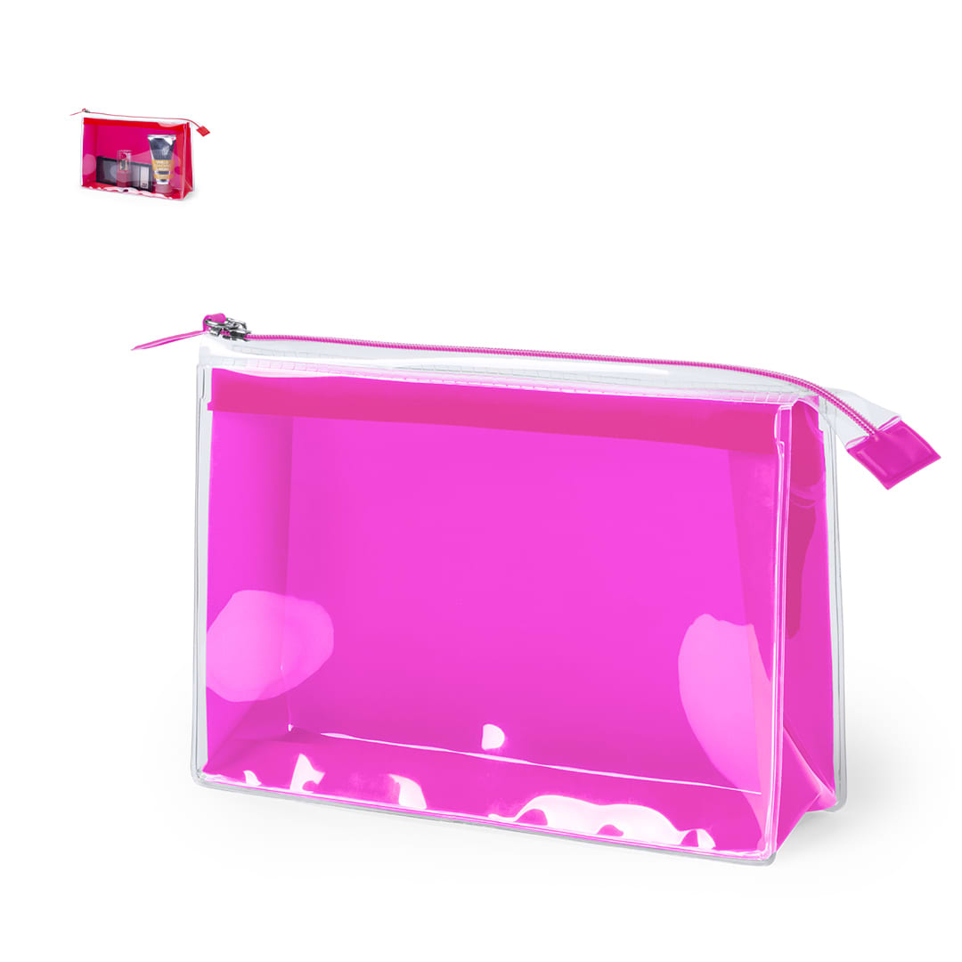 A bright pink toiletry bag with a glossy finish and a white zipper, featuring a smaller version in the top corner. Pelvar Beauty Bag - Image 1