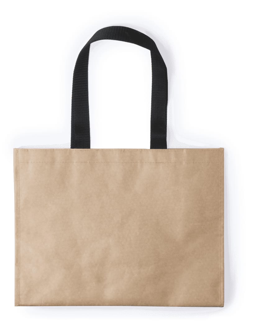 A reusable grocery bag in a natural brown colour with black handles. It features a simple design and a branding logo. Kolsar Bag - Image 1