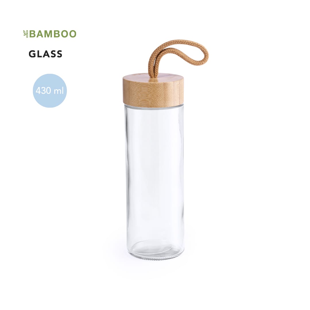 A drink bottle made of glass with a bamboo lid and a rope handle, featuring a clear design and 430 ml capacity. Burdis Bottle - Image 1