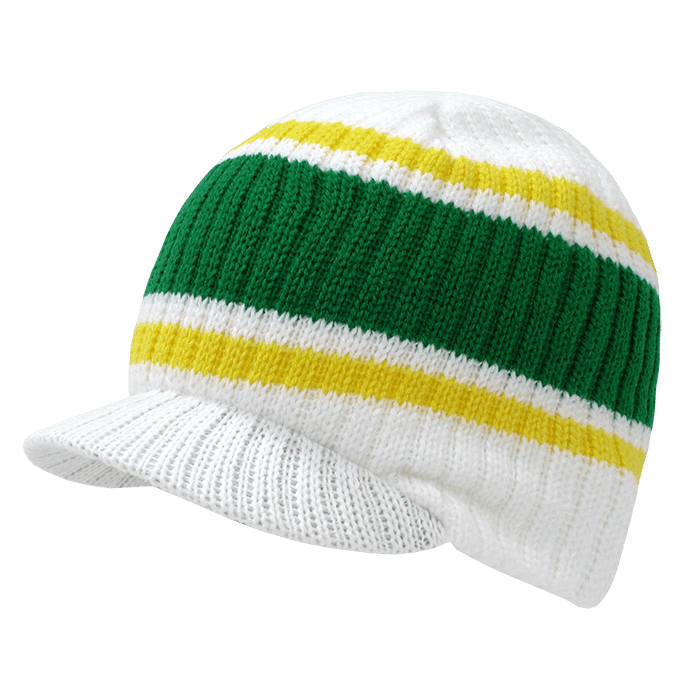 A striped cap featuring green, white, and yellow bands, with a rounded top and a brim. It has a logo. Striped College HybriCap - Image 1
