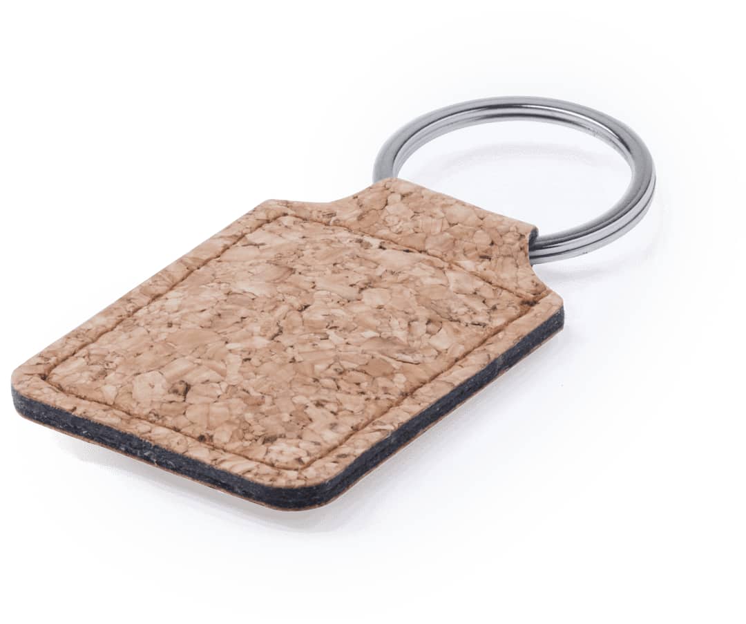 A cork keyring featuring a simple rectangular design with a metal ring for attachment. Kimbox Keyring - Image 1