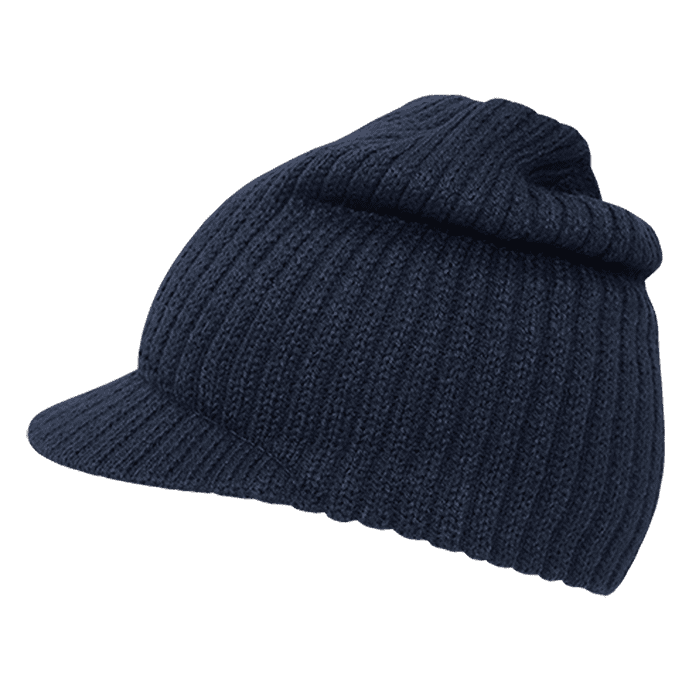 A navy beanie hat featuring a ribbed texture and a front brim. The design includes a fold-over cuff. Campus HybriCap - Image 1