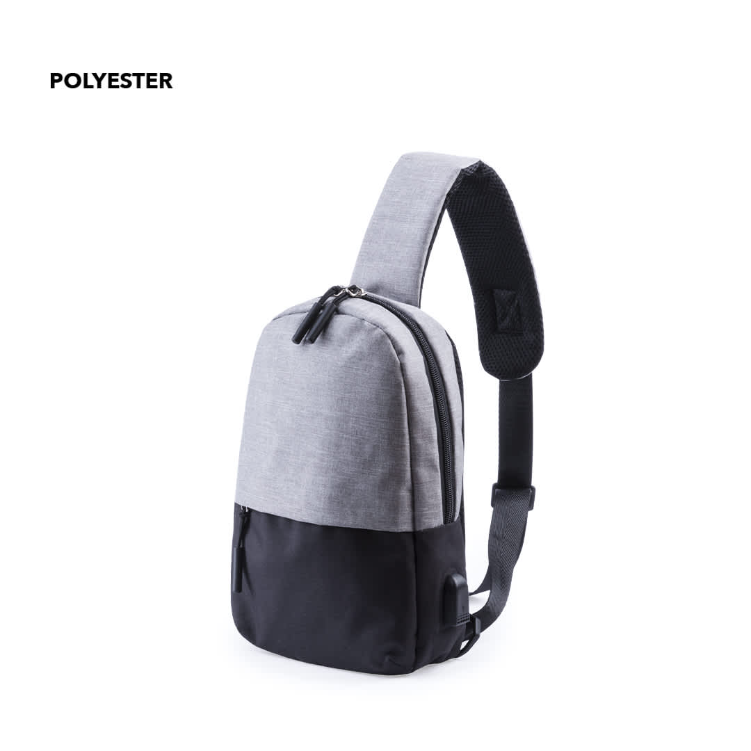 A grey and black shoulder bag with a single adjustable strap and multiple compartments. It has a logo on the front. Versox Shoulder Bag - Image 1