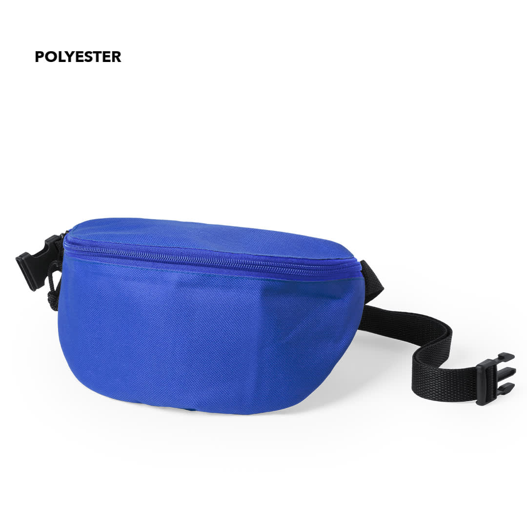 A blue bum bag made from polyester with a black adjustable strap and a zip closure. It features a logo. Zunder Waistbag - Image 1