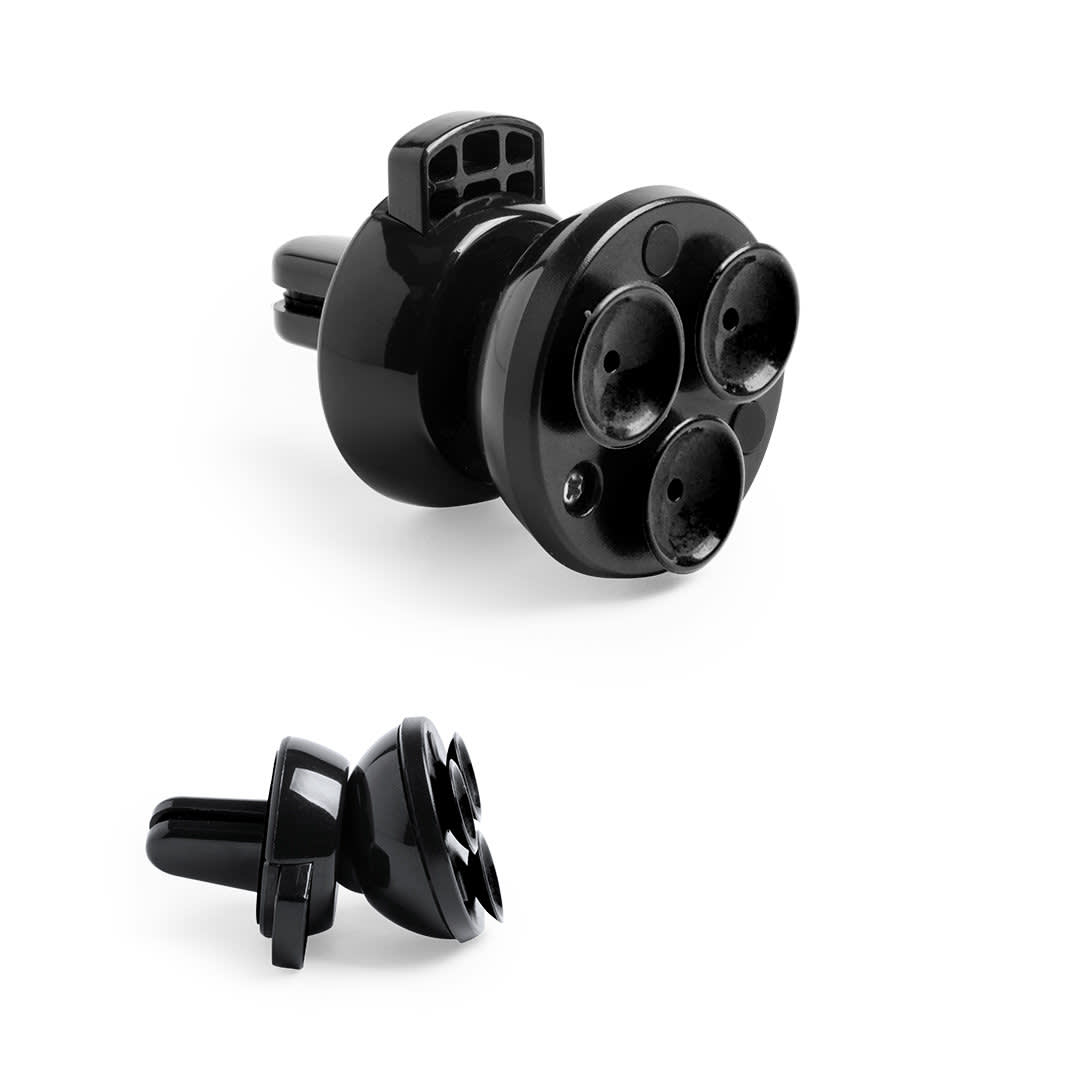 A black car phone holder with three holes for secure attachment, featuring a clip for air vents and a logo. Glatix Holder - Image 1