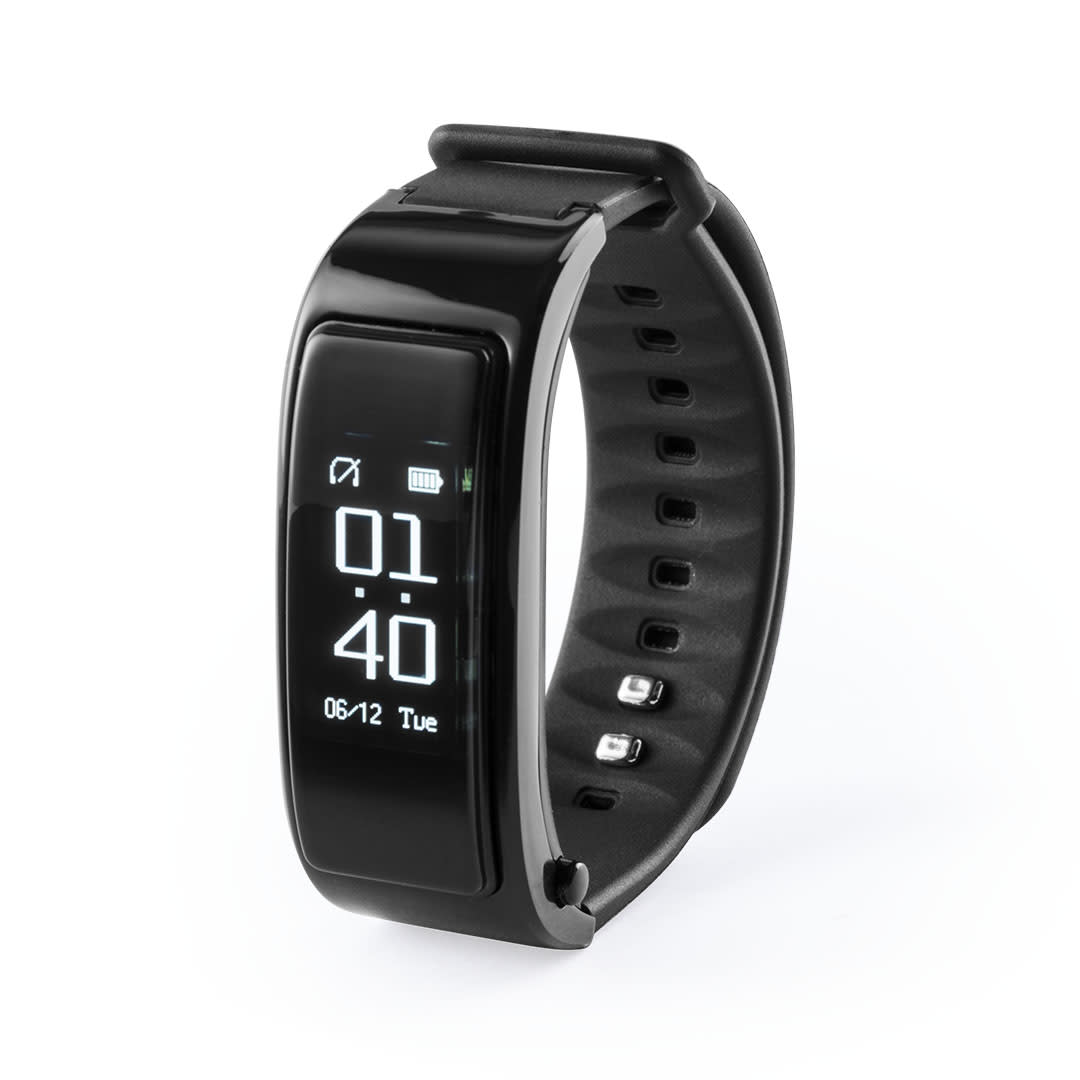A black smart bracelet with a digital display showing time and battery levels. It has a sleek design and a comfortable strap. Rusk Smart Bracelet - Image 1
