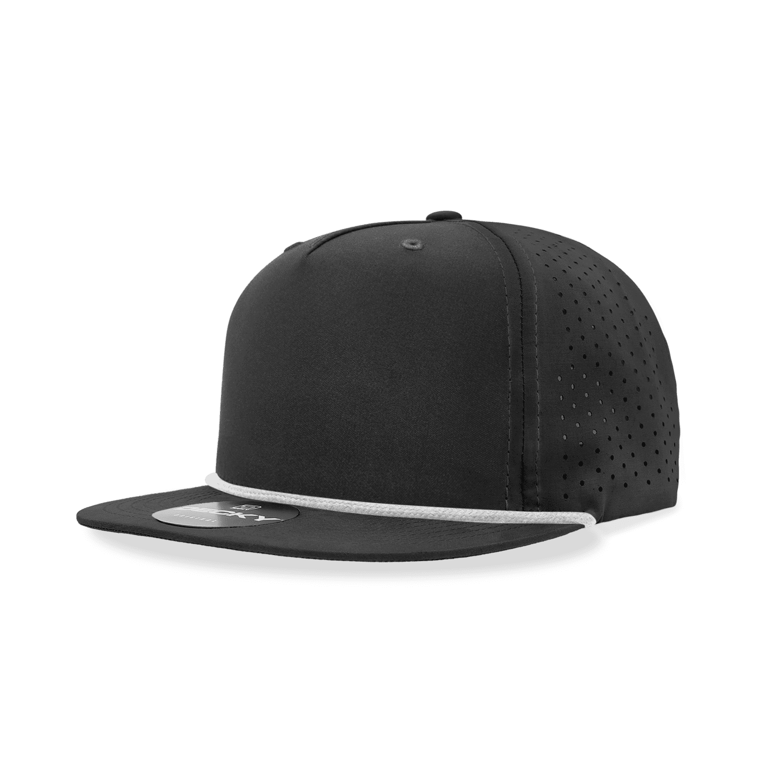 A black high-profile relaxed perforated rope hat featuring a grey rope detail along the brim and a logo. 5 Panel High Profile Relaxed Perforated Rope Hat - Image 1