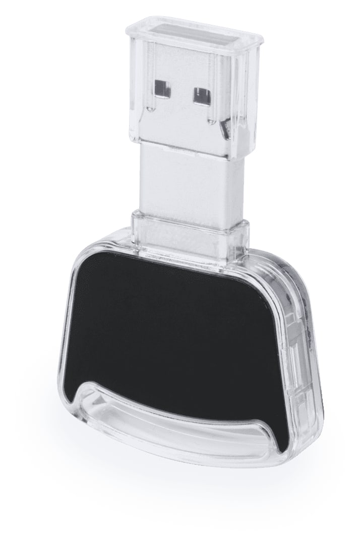 A black and clear USB memory drive with a retractable connector. It features a logo on the body. Novuk 16Gb USB Memory - Image 1