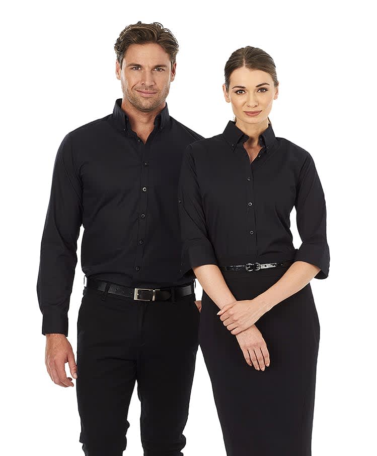 A black button-up shirt with 3/4 sleeves, modelled by a man and a woman, both wearing black trousers. Baxter - Ladies 3/4 Sleeve Shirt - Image 1