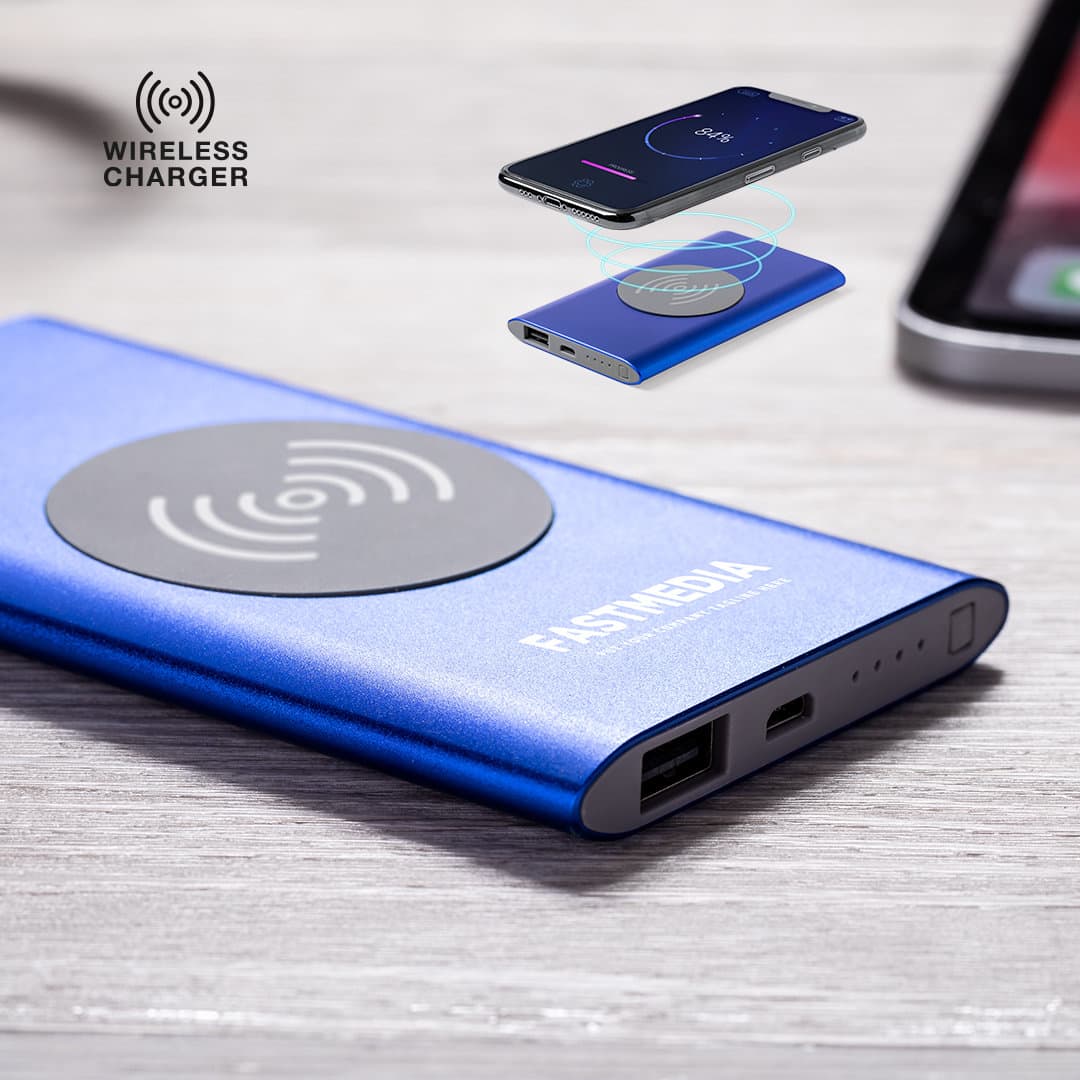 A blue power bank with a wireless charging pad and USB ports, featuring a logo. Tikur Power Bank - Image 1