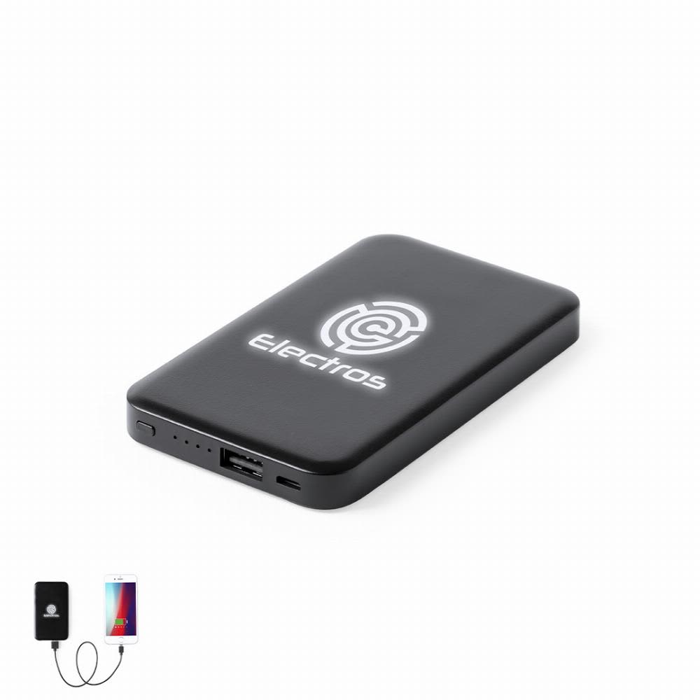 A black power bank featuring a logo, USB output, and a charging cable connecting to a smartphone. Kustol - Image 1