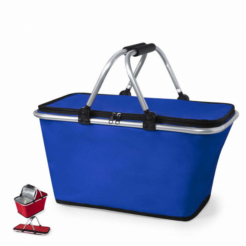 A blue insulated shopping basket with silver handles and a collapsible design. It features a sleek, modern shape. Yonner - Image 1
