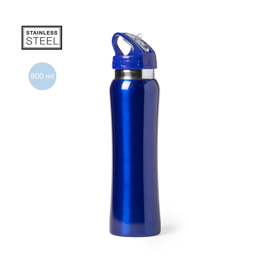 A drink bottle made of stainless steel, featuring a bright blue finish and a flip-top lid, with an 800 ml capacity. Smaly Bottle - Image 1