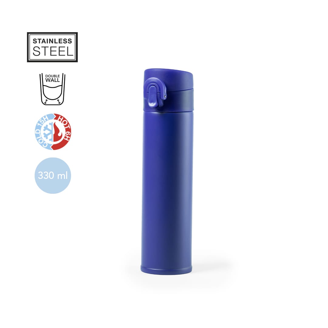A drink bottle in vibrant blue, made of stainless steel with a double wall design. It features a logo and holds 330 ml. Poltax Vacuum Flask - Image 1