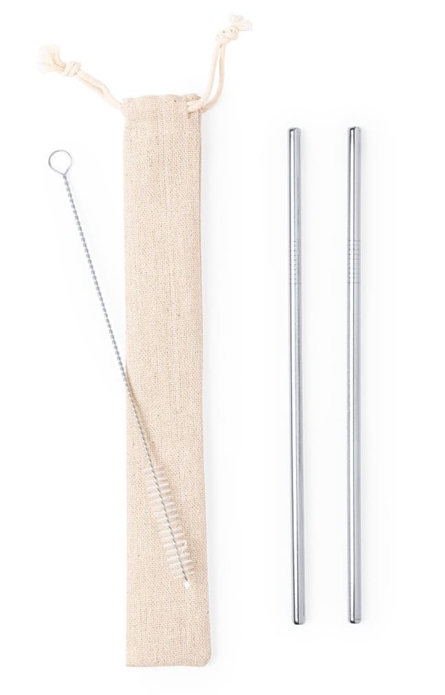 Reusable stainless steel straws with a cleaning brush, packaged in a small beige cloth pouch. Kalux - Image 1
