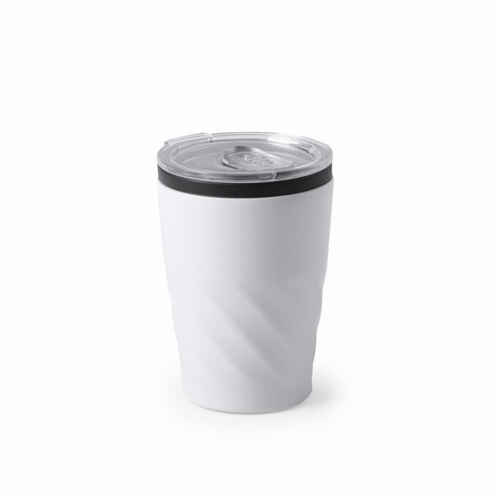 A drink bottle in matte white with a textured design and a clear lid. It features a black rim and a logo. Ripon - Image 1
