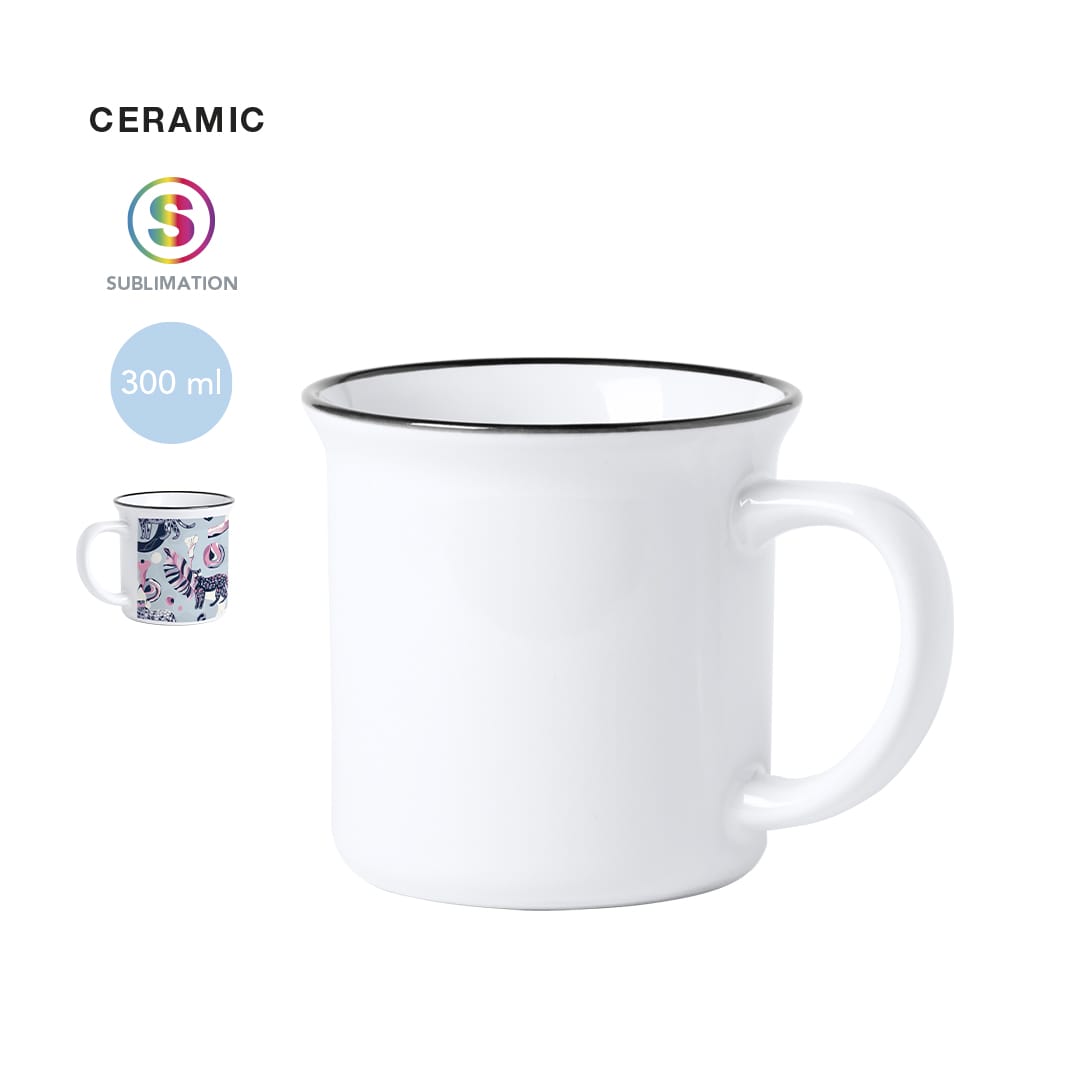 A ceramic 300 ml white mug with a black rim and a handle; features sublimation-friendly surface for custom designs. Gover Sublimation Mug - Image 1