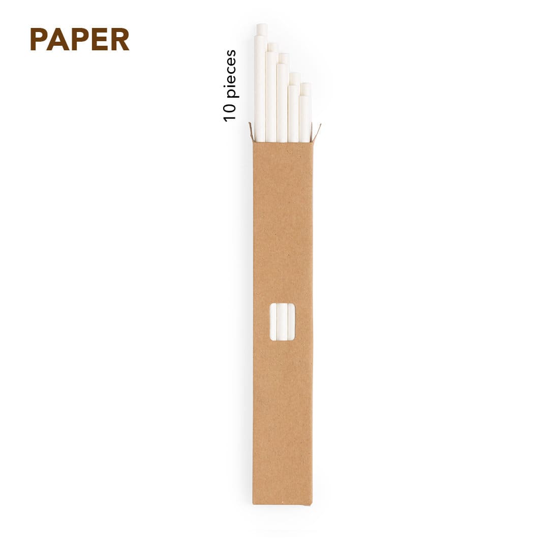 A cardboard box containing ten white paper drinking straws, with a window showing the straws inside. Lantux Straw Set - Image 1