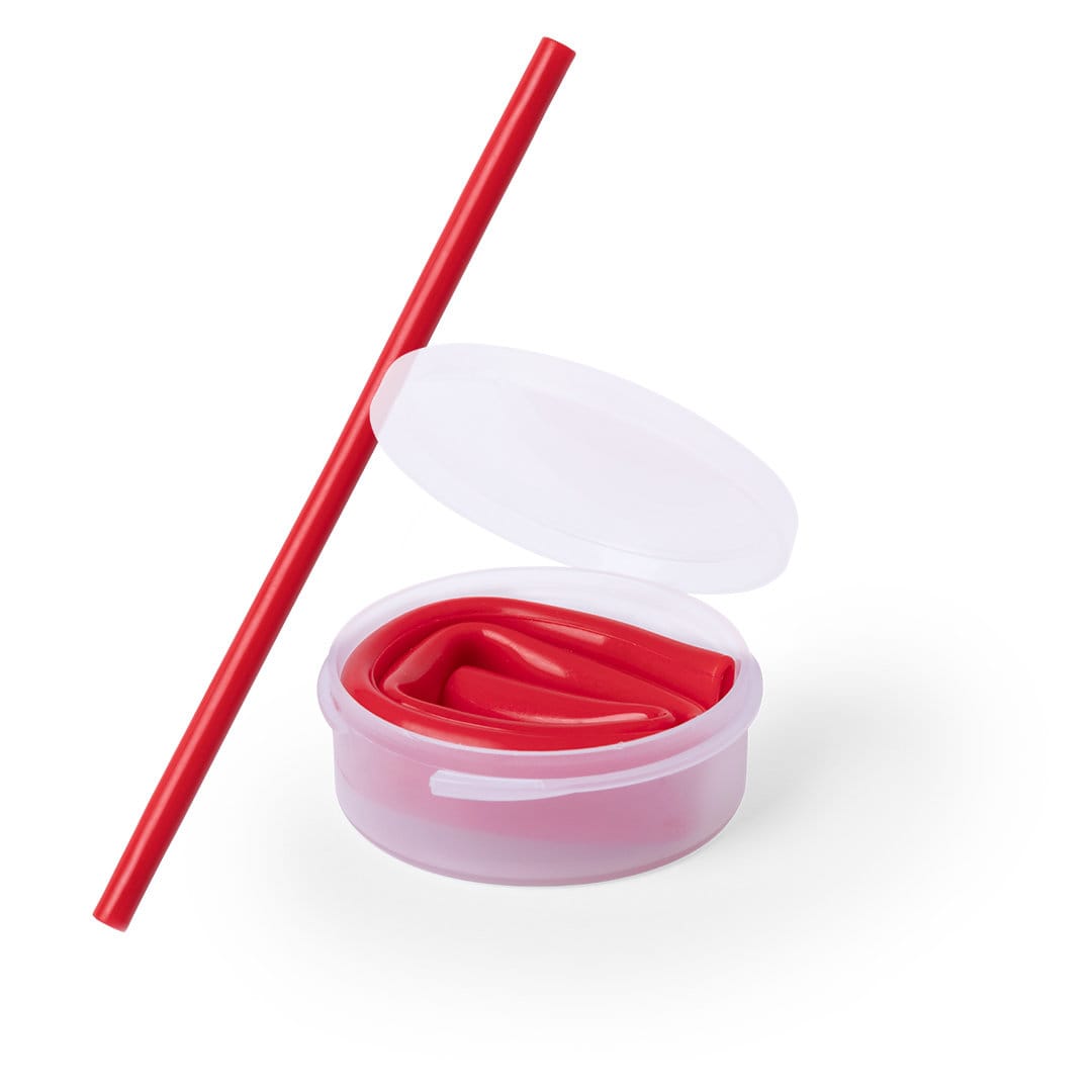 A red drinking straw displayed alongside a red silicone flex straw inside a clear container with a lid. Parix Straw - Image 1
