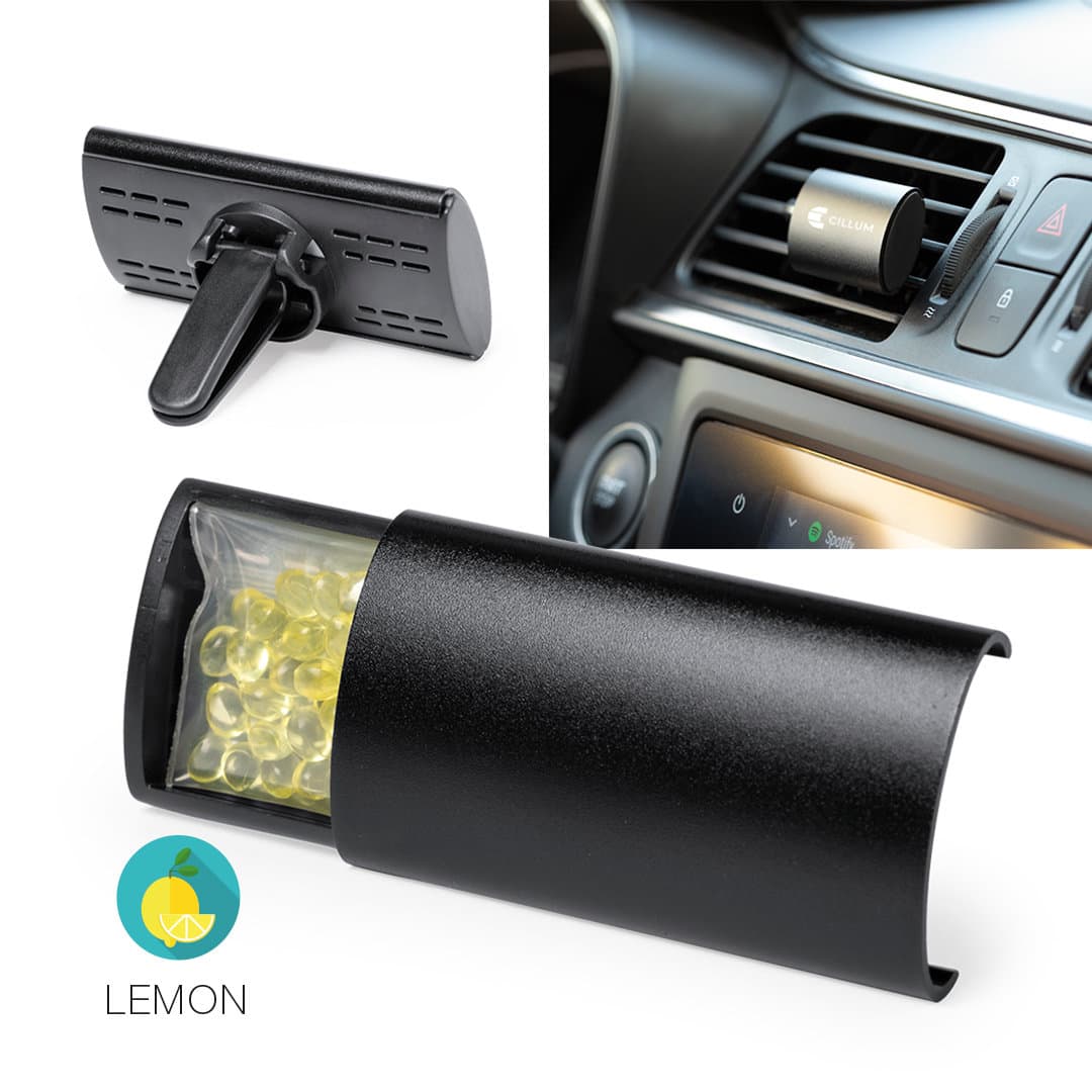 A black air freshener with a holder and yellow gel beads, designed for car vents. It features a logo on the holder. Becrux Air Freshener - Image 1