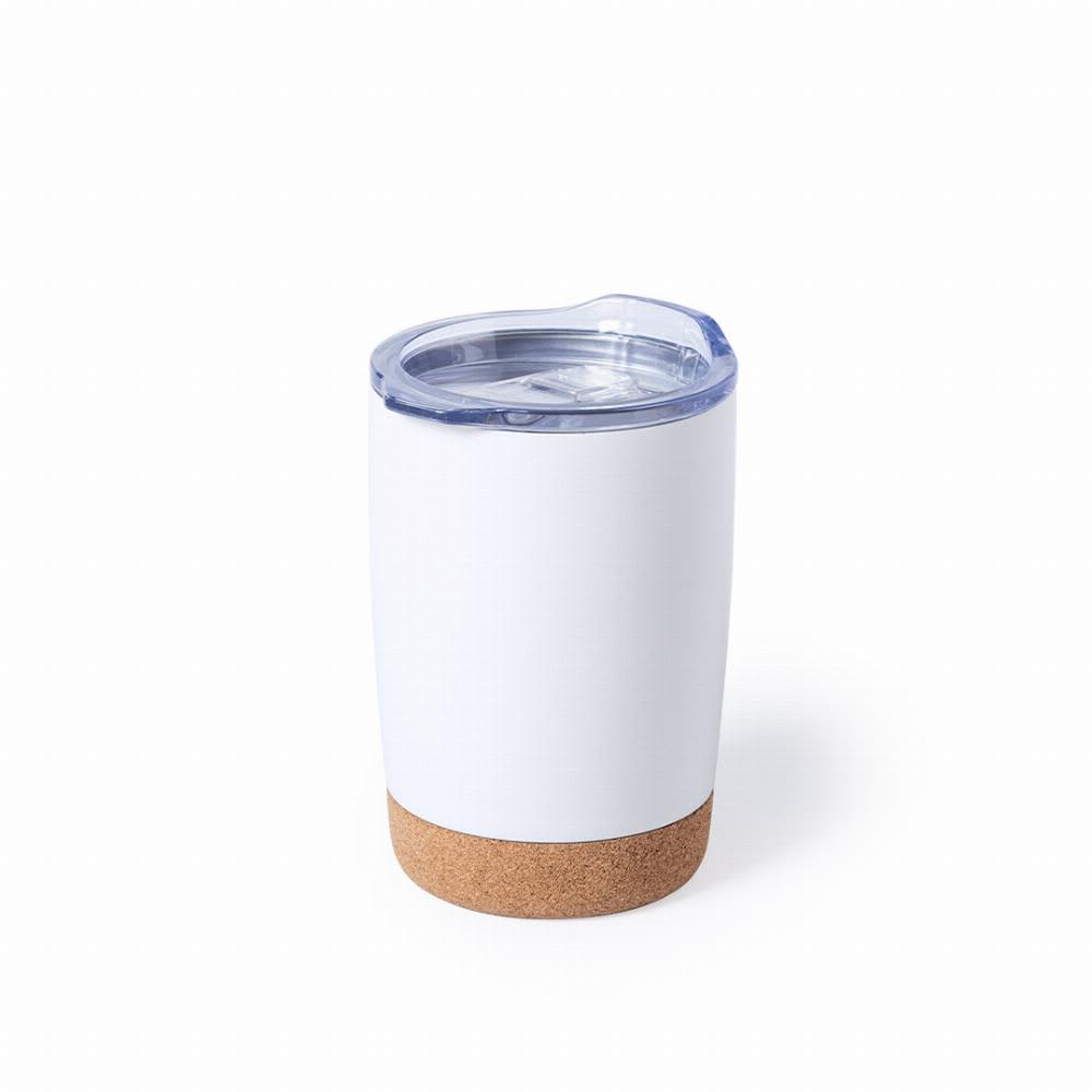 A drink bottle in white with a cork base and a clear lid. The design is sleek and modern. Nerux - Image 1
