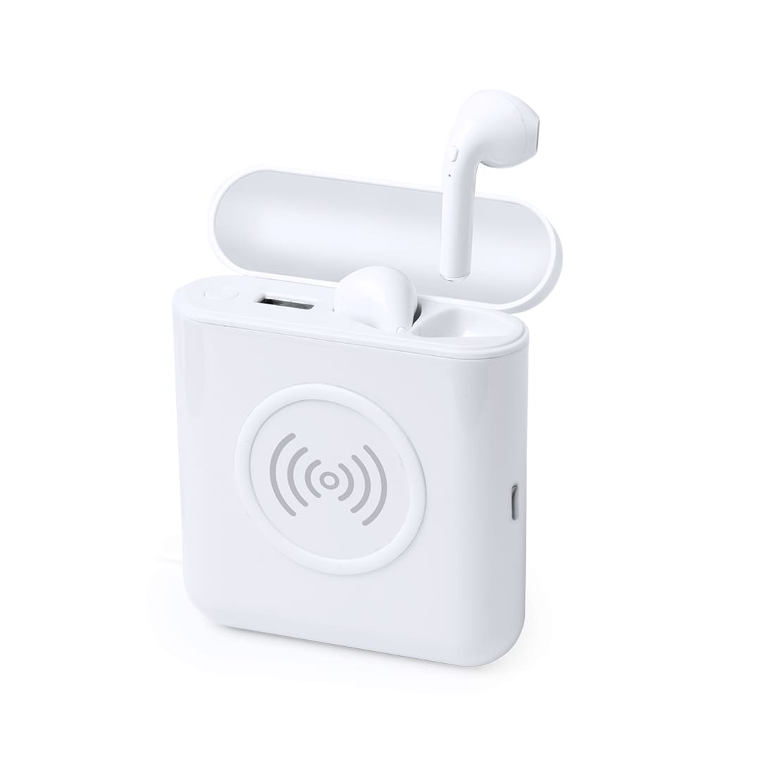 A white power bank with earphones inside, featuring a charging port and a logo on its surface. Molik Power Bank Earphones - Image 1