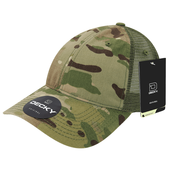 A camo-patterned trucker cap with a mesh back and a branded tag. Predominantly green and brown colours. MULTICAM Relaxed L/C Trucker - Image 1