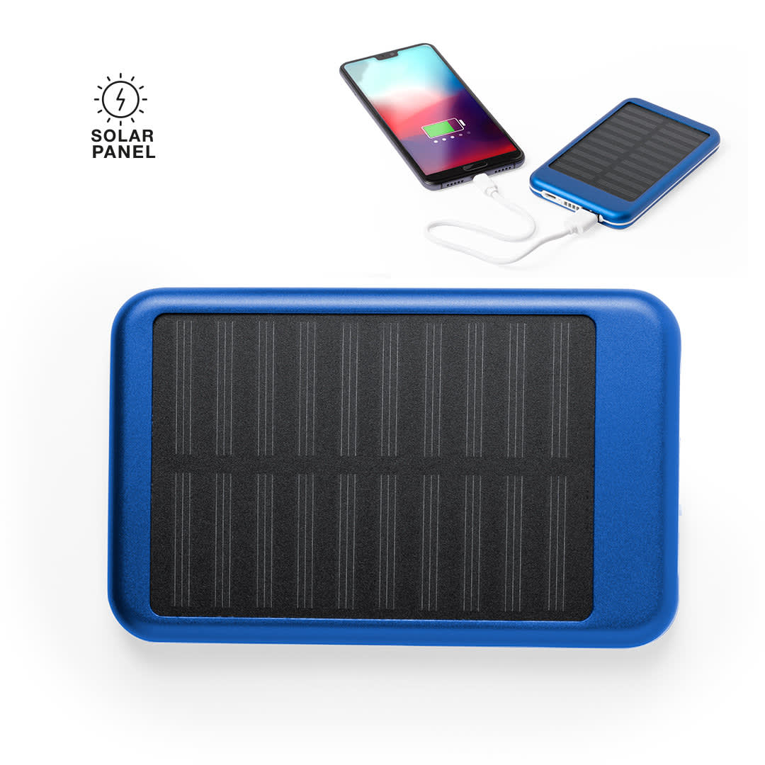 A blue power bank with a solar panel on top, next to a smartphone connected via a charging cable. Rudder Power Bank - Image 1