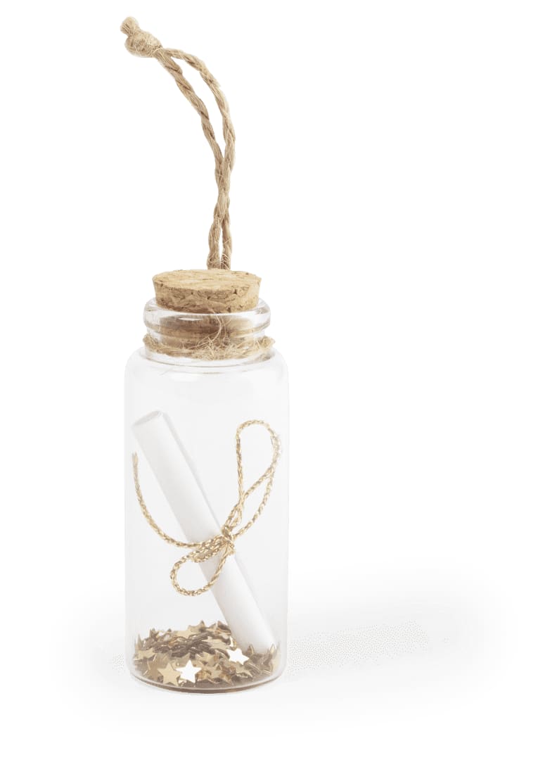 A clear glass bottle with a cork stopper, filled with decorative stars and a rolled message tied with twine. Shoilen Wish Bottle - Image 1