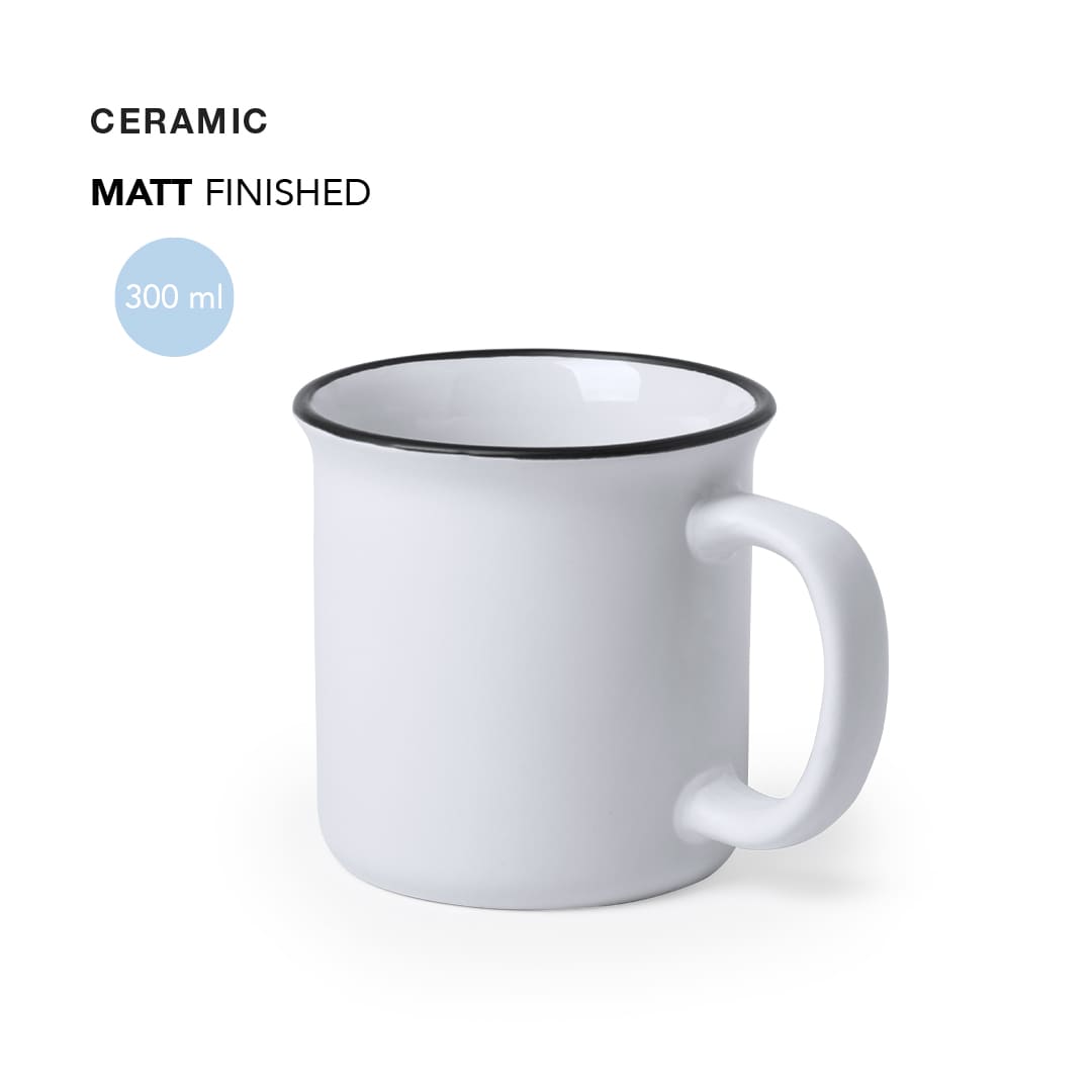 A white ceramic mug with a matte finish and a black rim, featuring a handle and a 300 ml capacity. Bercom Mug - Image 1