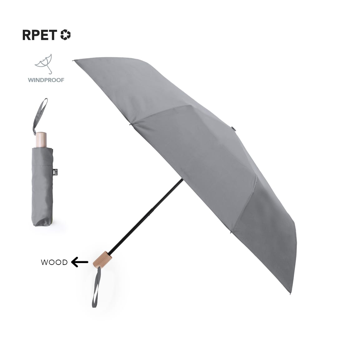 A grey umbrella with a wooden handle, featuring a windproof design and a matching storage sleeve. Brosian Umbrella - Image 1