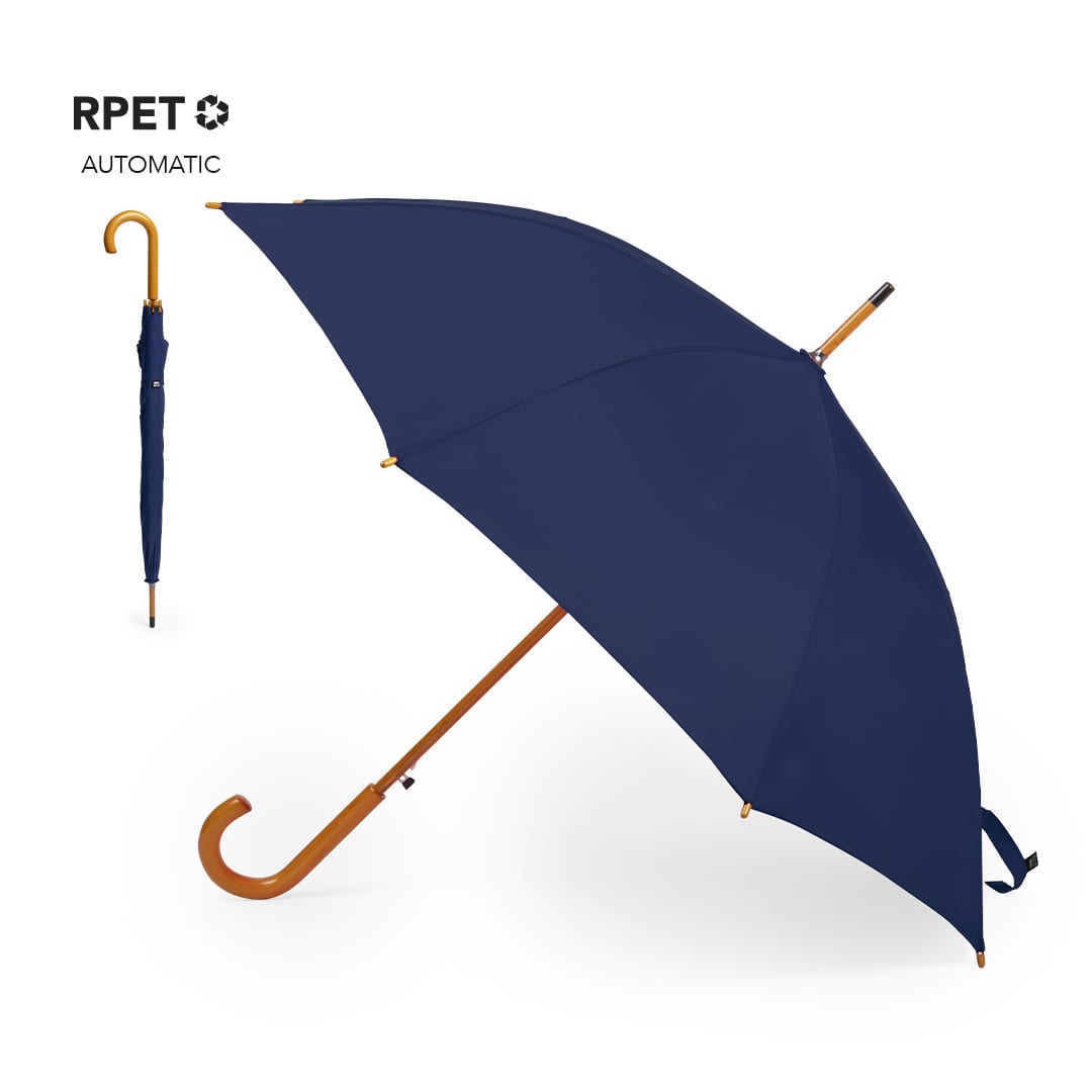 A navy blue umbrella with an orange handle and automatic opening mechanism, featuring a logo. Bonaf Umbrella - Image 1