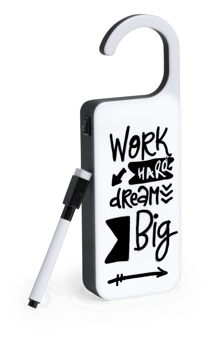 A white and black message hanger with a hook and a pen for writing notes. Features various motivational phrases. Katrin Message Hanger - Image 1