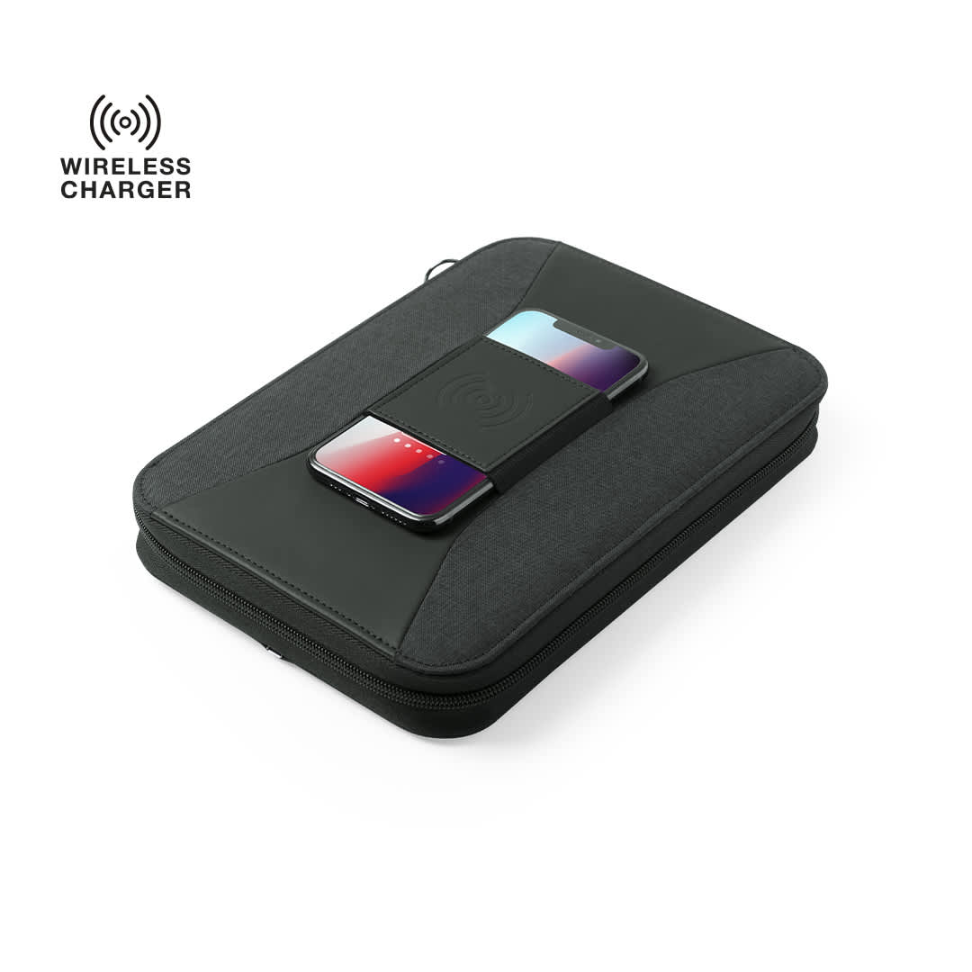 A dark green and grey organiser with a wireless charger and a smartphone on top, featuring a logo. Surey Power Bank Organizer - Image 1